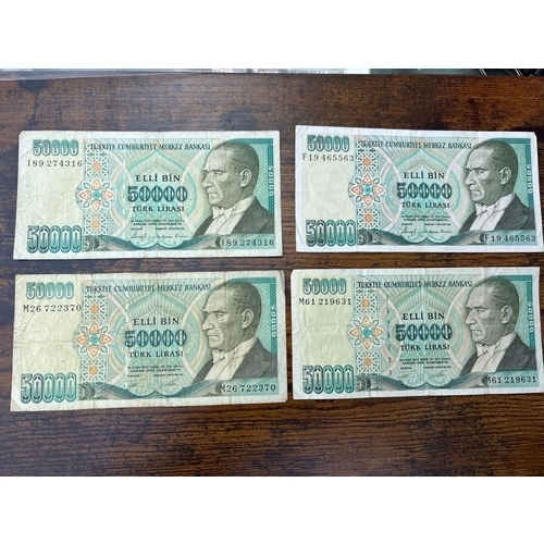 80 - Turkey 50,000 Lira Banknotes – 4 Notes (Atatürk Series, Pre-Revaluation) Set of four Turkish 50,000 ... 