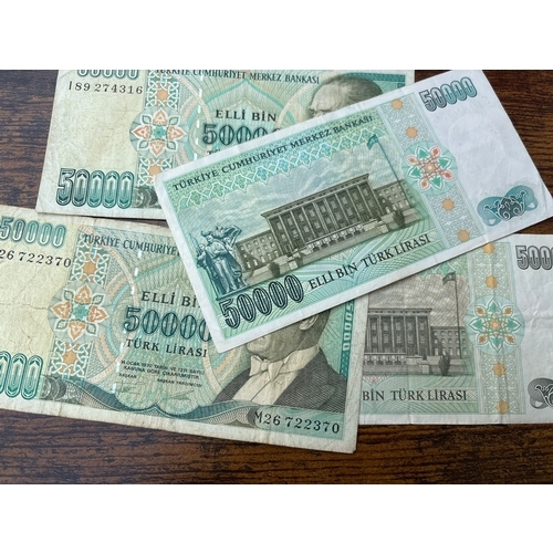 80 - Turkey 50,000 Lira Banknotes – 4 Notes (Atatürk Series, Pre-Revaluation) Set of four Turkish 50,000 ... 