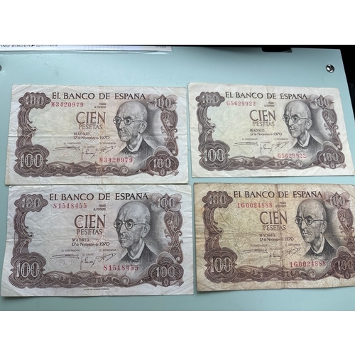 95 - Spain 100 Pesetas Banknote Group – 4 Notes (1970 Issue) Small collection of Spanish Banco de España ... 