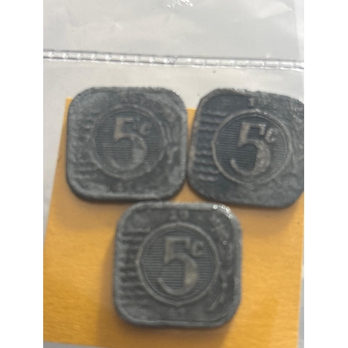 426 - Group of three Netherlands 5 Cent coins struck in zinc during the post-war period, featuring the dis... 