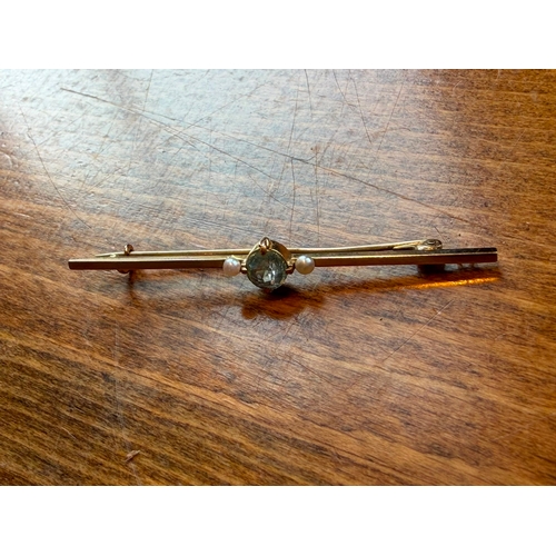 26 - Aquamarine and pearl bar brooch high k gold