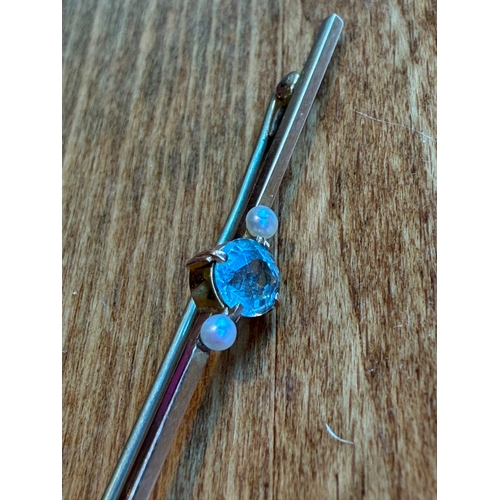 26 - Aquamarine and pearl bar brooch high k gold