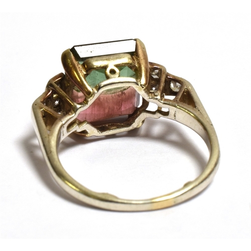 11 - A WATERMELON TOURMALINE & DIAMOND RING Mounted in 18ct gold (tests as), claw set with an octagonal s... 