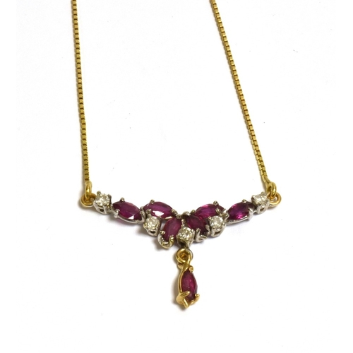 12 - 18CT GOLD RUBY AND DIAMOND LAVALIER Necklace, 38cm long, Venetian link chain suspending a 3.0cm long... 