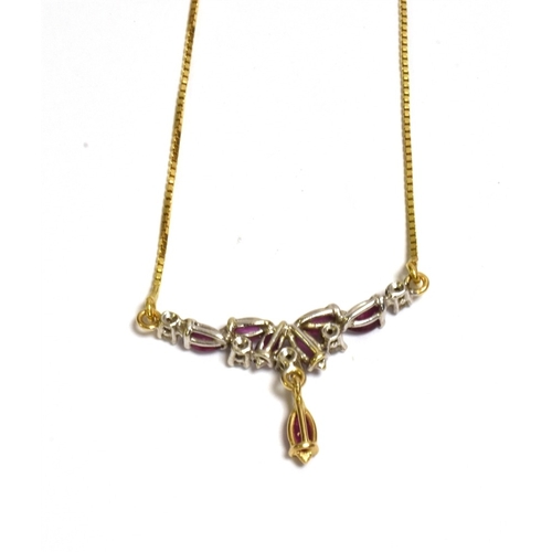 12 - 18CT GOLD RUBY AND DIAMOND LAVALIER Necklace, 38cm long, Venetian link chain suspending a 3.0cm long... 