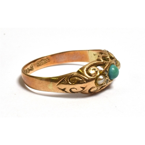 18 - ANTIQUE TURQUOISE & PEARL RING 9ct gold, Chester hallmarked 1916, set with a cabochon turquoise and ... 