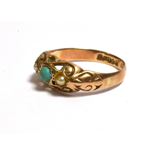 18 - ANTIQUE TURQUOISE & PEARL RING 9ct gold, Chester hallmarked 1916, set with a cabochon turquoise and ... 