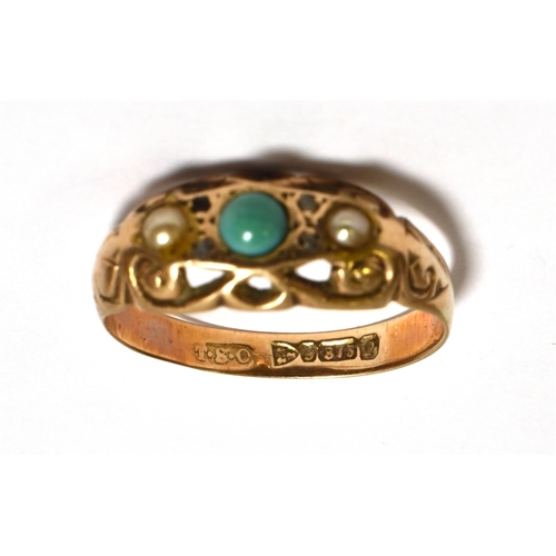 18 - ANTIQUE TURQUOISE & PEARL RING 9ct gold, Chester hallmarked 1916, set with a cabochon turquoise and ... 