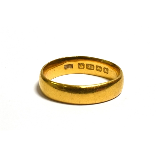 41 - 22CT PLAIN GOLD WEDDING BAND 5.3mm wide, ring size R.  Hallmarked 22 Birmingham 1870.  Weight 6.8 gr... 