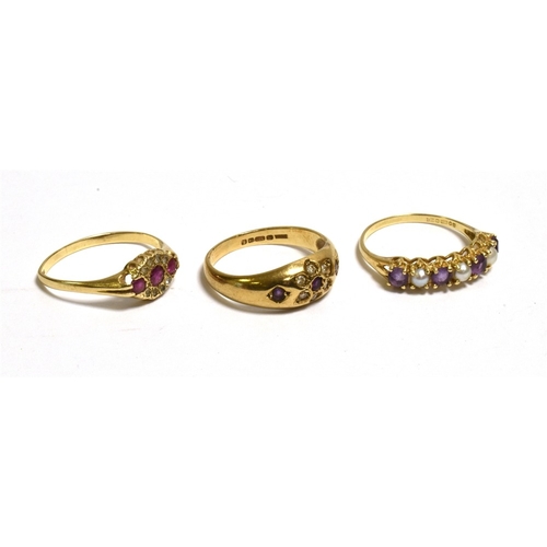 52 - THREE 9CT GOLD GEM SET RINGS To include; a navette shaped cluster set with round rubies and single c... 