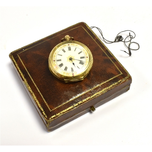 61 - ANTIQUE 9CT GOLD OPEN FACE POCKET WATCH 36.1mm diameter, decorated with bi-colour gold work to dial,... 