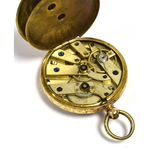 61 - ANTIQUE 9CT GOLD OPEN FACE POCKET WATCH 36.1mm diameter, decorated with bi-colour gold work to dial,... 