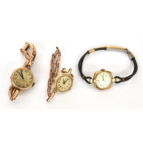 74 - THREE LADIES 9CT GOLD ANTIQUE WATCHES One with 25.2mm round case, hallmarked London 1936, and expand... 