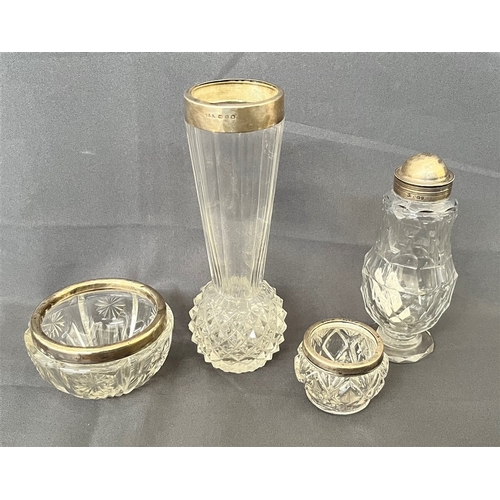 81 - ANTIQUE SILVER MOUNTED CUT GLASS ITEMS Variously hallmarked and to include, a bud vase, cosmetic pot... 