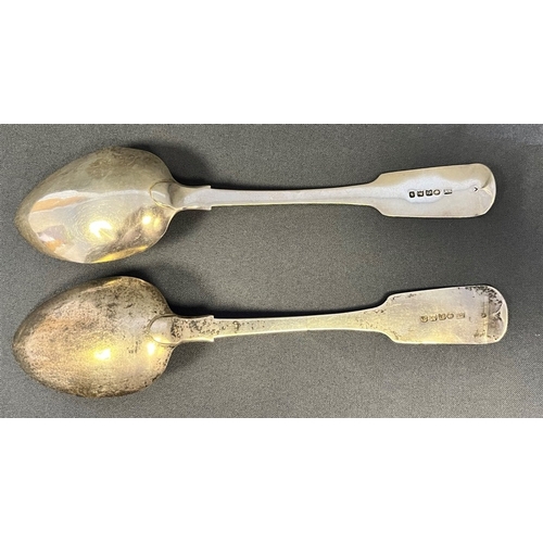 85 - EXETER HALLMARKED SERVING SPOONS A pair, fiddle shaped, monogrammed terminals, hallmarked Exeter 183... 