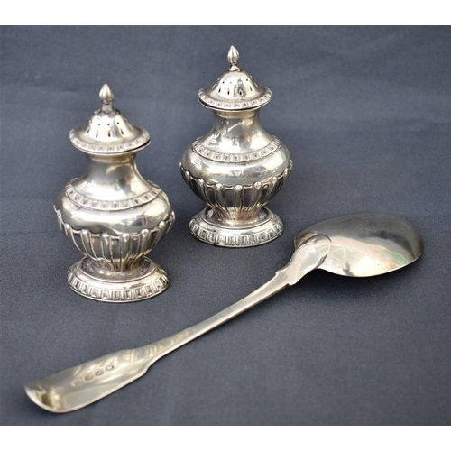 92 - GEORGIAN SERVING SPOON & VICTORIAN Pepperettes (a pair) standing 10cm tall, hallmarked Chester 1899.... 