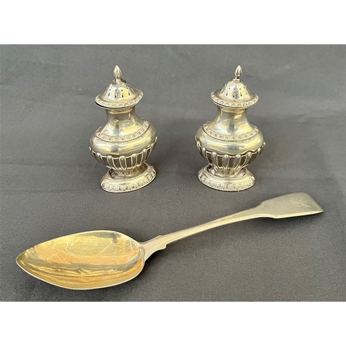 92 - GEORGIAN SERVING SPOON & VICTORIAN Pepperettes (a pair) standing 10cm tall, hallmarked Chester 1899.... 