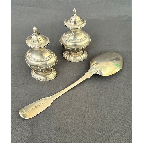 92 - GEORGIAN SERVING SPOON & VICTORIAN Pepperettes (a pair) standing 10cm tall, hallmarked Chester 1899.... 