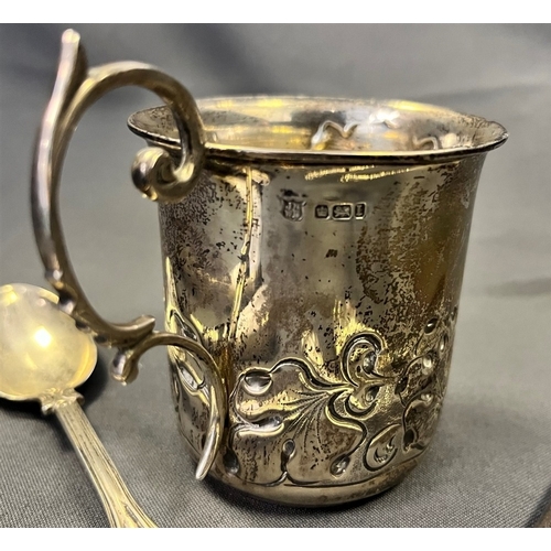 113 - ANTIQUE STERLING SILVER ITEMS to include an Art Nouveau, floral and foliate embossed mug, hallmarked... 