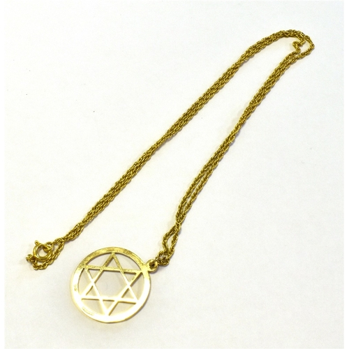 12 - 9CT GOLD PENDANT AND CHAIN 2.5cm diameter Star of David pendant within scroll engraved frame, hallma... 