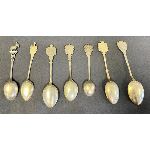 121 - SILVER SOUVENIR TEASPOONS vairously marked with enamel terminals depciting German towns.  Total weig... 