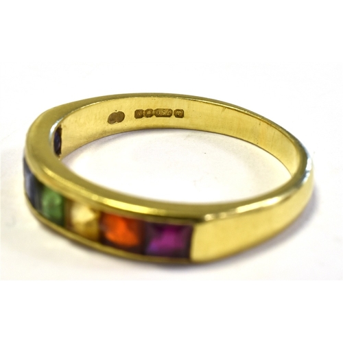 19 - 18CT GOLD & MULTI GEM ETERNITY RING 3.8mm wide, half eternity, set with square cut amethyst, sapphir... 