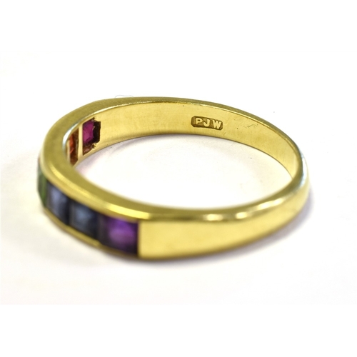 19 - 18CT GOLD & MULTI GEM ETERNITY RING 3.8mm wide, half eternity, set with square cut amethyst, sapphir... 