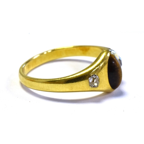 20 - 18CT GOLD TIGERS EYE & OLD CUT DIAMOND  ring, with central rub over set tigers eye cabochon showing ... 