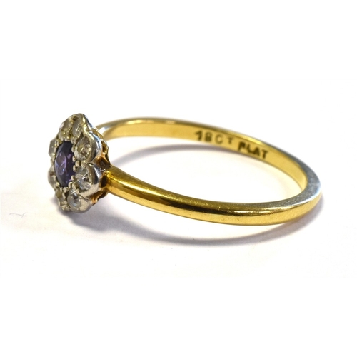 22 - PURPLE SAPPHIRE & OLD CUT DIAMOND RING mounted in 18ct gold and platinum, grain set round purple sap... 