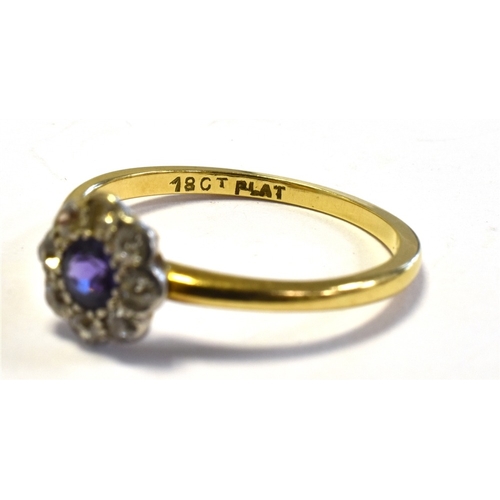 22 - PURPLE SAPPHIRE & OLD CUT DIAMOND RING mounted in 18ct gold and platinum, grain set round purple sap... 