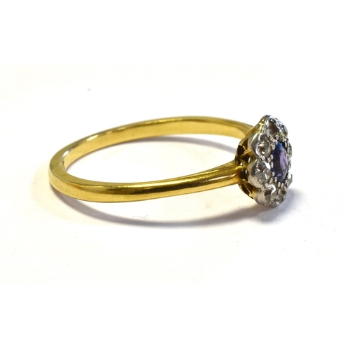 22 - PURPLE SAPPHIRE & OLD CUT DIAMOND RING mounted in 18ct gold and platinum, grain set round purple sap... 