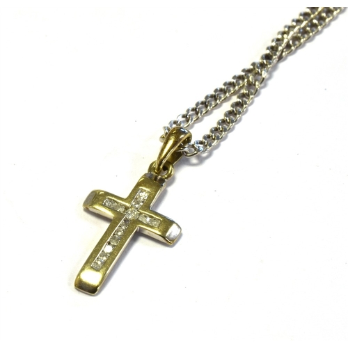 26 - 9CT GOLD DIAMOND CROSS PENDANT & CHAIN 2.3cm long Latin cross pendant, channel set with single cut d... 