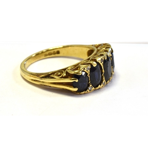 4 - 18CT GOLD SAPPHIRE & DIAMOND RING Five oval claw set sapphires, of good quality, flanked by eight si... 