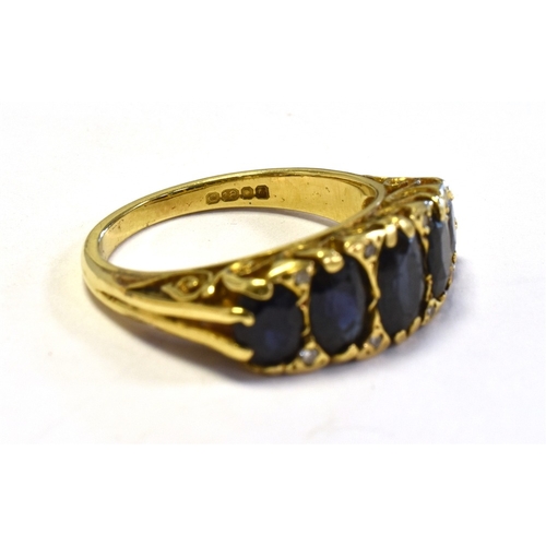 4 - 18CT GOLD SAPPHIRE & DIAMOND RING Five oval claw set sapphires, of good quality, flanked by eight si... 