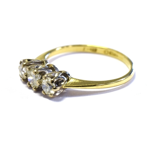 57 - 18CT THREE STONE OLD CUT DIAMOND RING platinum claw set with old cut diamonds, reported to total 0.3... 