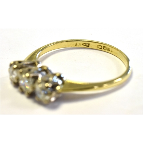 57 - 18CT THREE STONE OLD CUT DIAMOND RING platinum claw set with old cut diamonds, reported to total 0.3... 