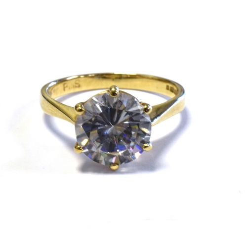 62 - 9CT GOLD SOLITAIRE RING claw set with a round brilliant cut cubic zirconia stone, ring size M, hallm... 