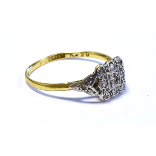 76 - ANTIQUE OLD CUT DIAMOND RING with a 7.7mm square platinum head, grain set with old cut diamonds on a... 