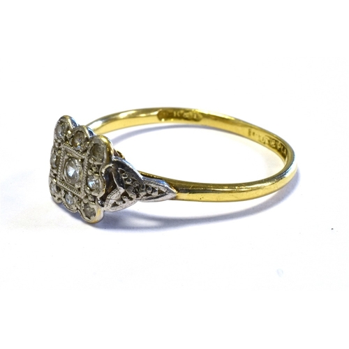 76 - ANTIQUE OLD CUT DIAMOND RING with a 7.7mm square platinum head, grain set with old cut diamonds on a... 