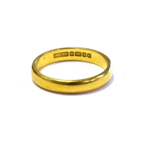 77 - 22CT GOLD PLAIN WEDDING BAND 3.4mm wide, ring size N, hallmarked 22 Birmingham 1984.  Weight 3.7 gra... 