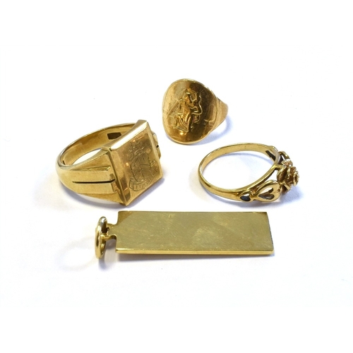 87 - 9CT GOLD INGOT PENDANT & RINGS ingot pendant hallmarked Sheffield 375 2000, a Gents signet ring with... 