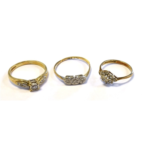 88 - VINTAGE 9CT GOLD & DIAMOND RINGS one with central box grain illusion setting, flanked by grain set s... 