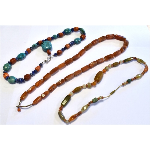 94 - VARIOUS ORNAMENTAL STONE & CORAL BEAD necklaces, including polished carnelian, agate, aventurine qua... 