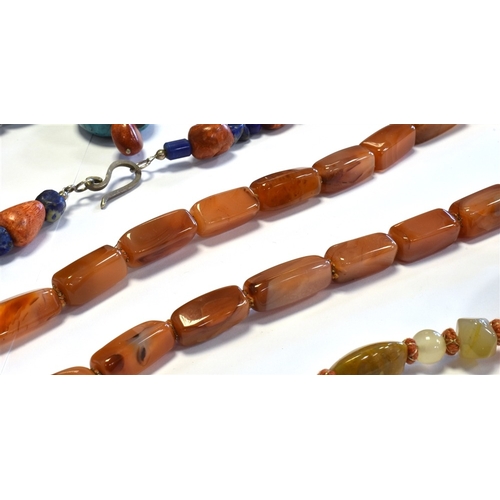 94 - VARIOUS ORNAMENTAL STONE & CORAL BEAD necklaces, including polished carnelian, agate, aventurine qua... 