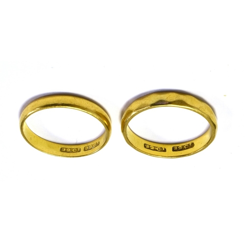 10 - 22CT GOLD PLAIN WEDDING BANDS one plain 3.2mm wide and one faceted, 3.6mm wide, both stamped 22ct.  ... 