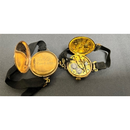 110 - ANTIQUE LADIES 9CT GOLD FOB WATCHES both converted to wristwatches, one 33.4mm & one 30.7mm round, w... 