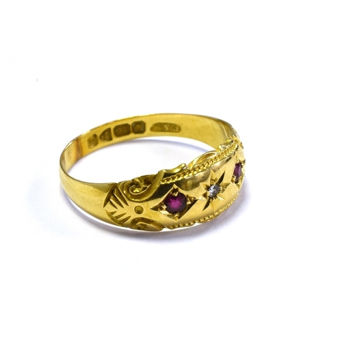 13 - EDWARDIAN 18CT GOLD RUBY & DIAMOND RING 7.3mm wide head with central star grain set, old single cut ... 