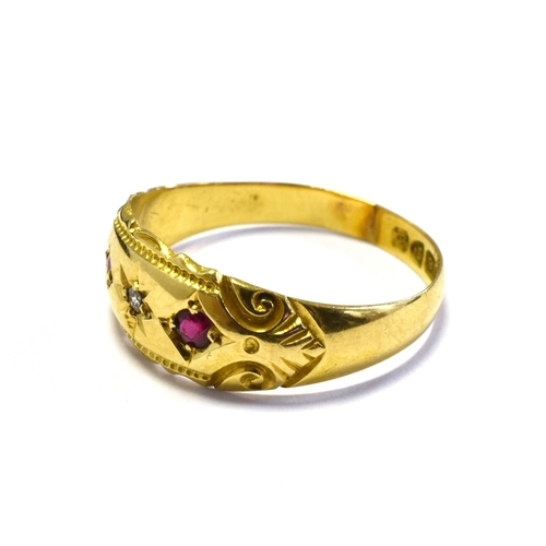 13 - EDWARDIAN 18CT GOLD RUBY & DIAMOND RING 7.3mm wide head with central star grain set, old single cut ... 