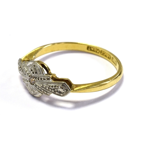 14 - ART DECO 18CT GOLD & DIAMOND RING 7.3mm wide platinum head, grain set with an old single cut diamond... 