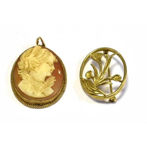 17 - 9CT GOLD CAMEO PENDANT & FLORAL BROOCH 3.3 x 2.7cm bezel set shell cameo, in a 9ct gold frame with p... 